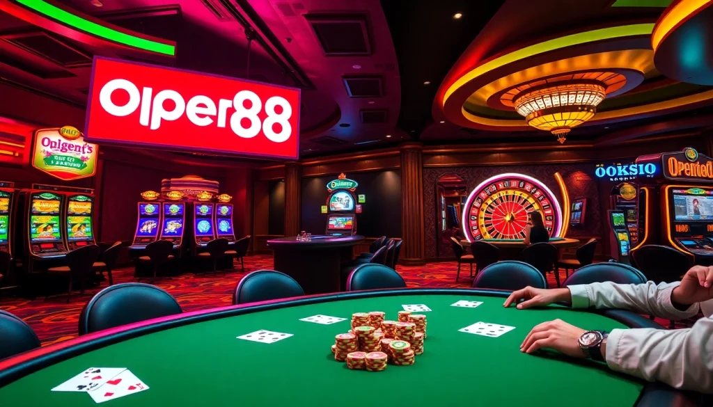 Open88 shines as players enjoy a winning moment at a high-stakes poker table surrounded by vibrant casino action.